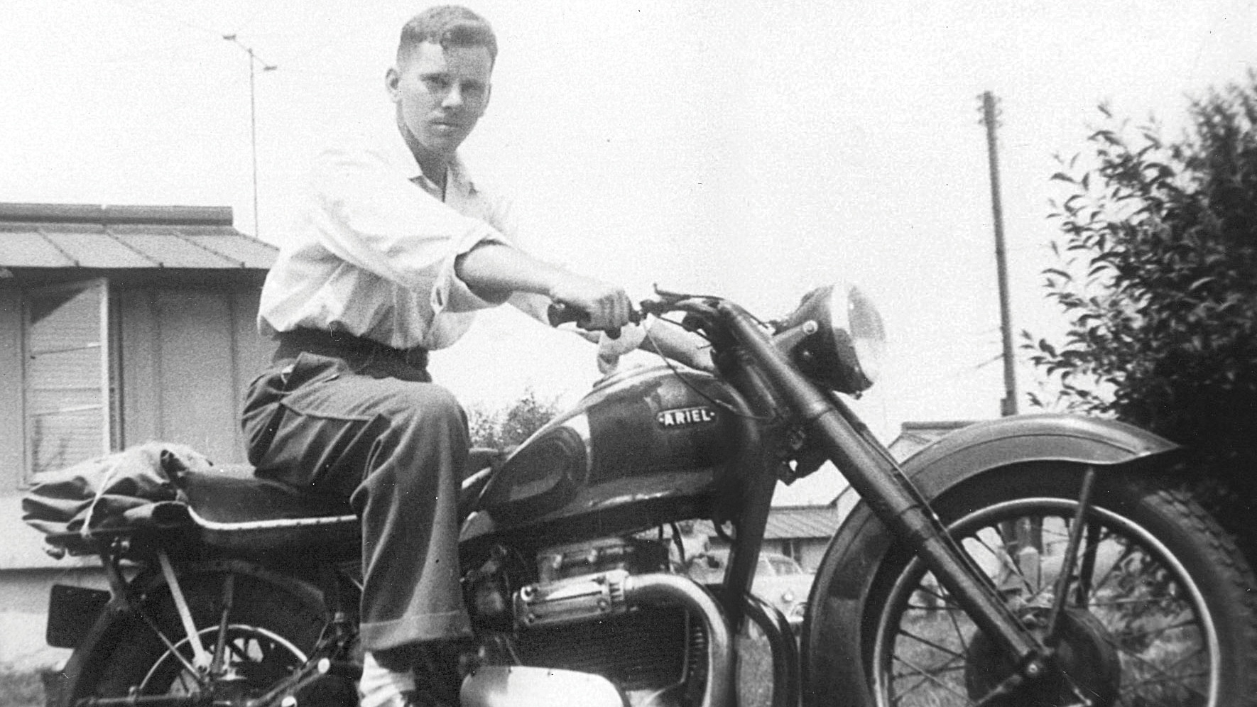 Ariel Founder, Jim Buchwald, riding his Ariel motorcycle, the namesake of Ariel Corporation