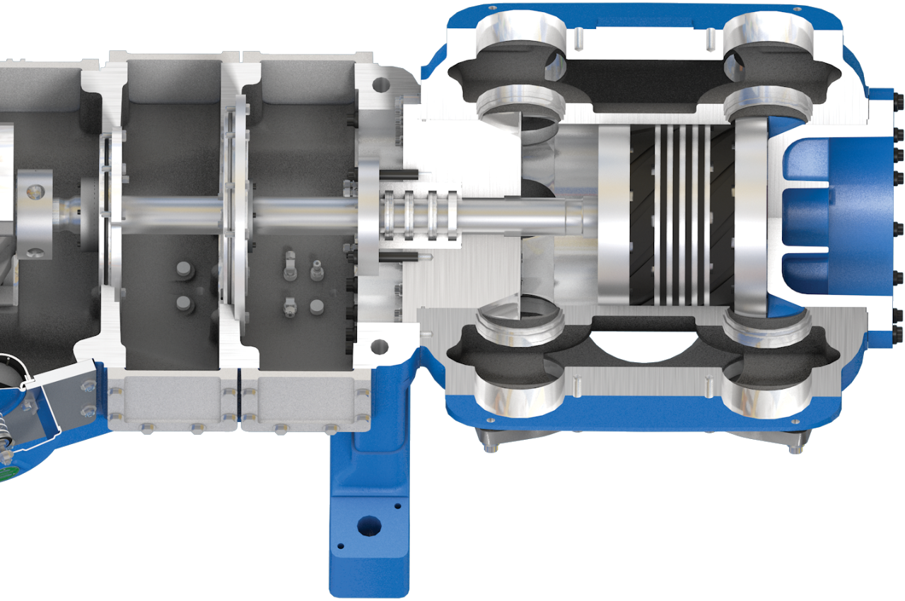 A rendering of a compressor cylinder, cut out to reveal the piston