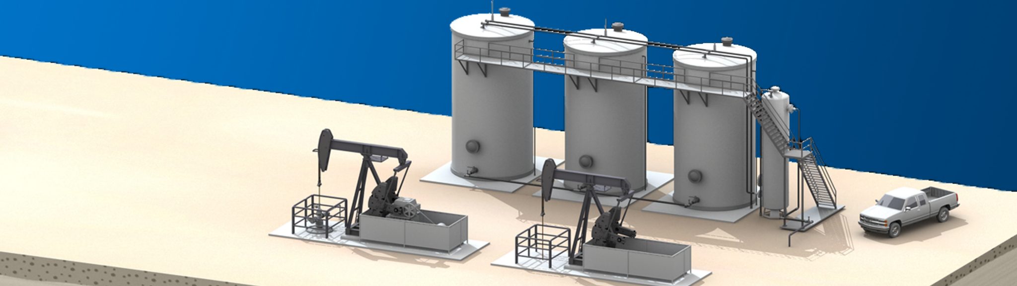 A rendering of an drill site over an oil field in production decline